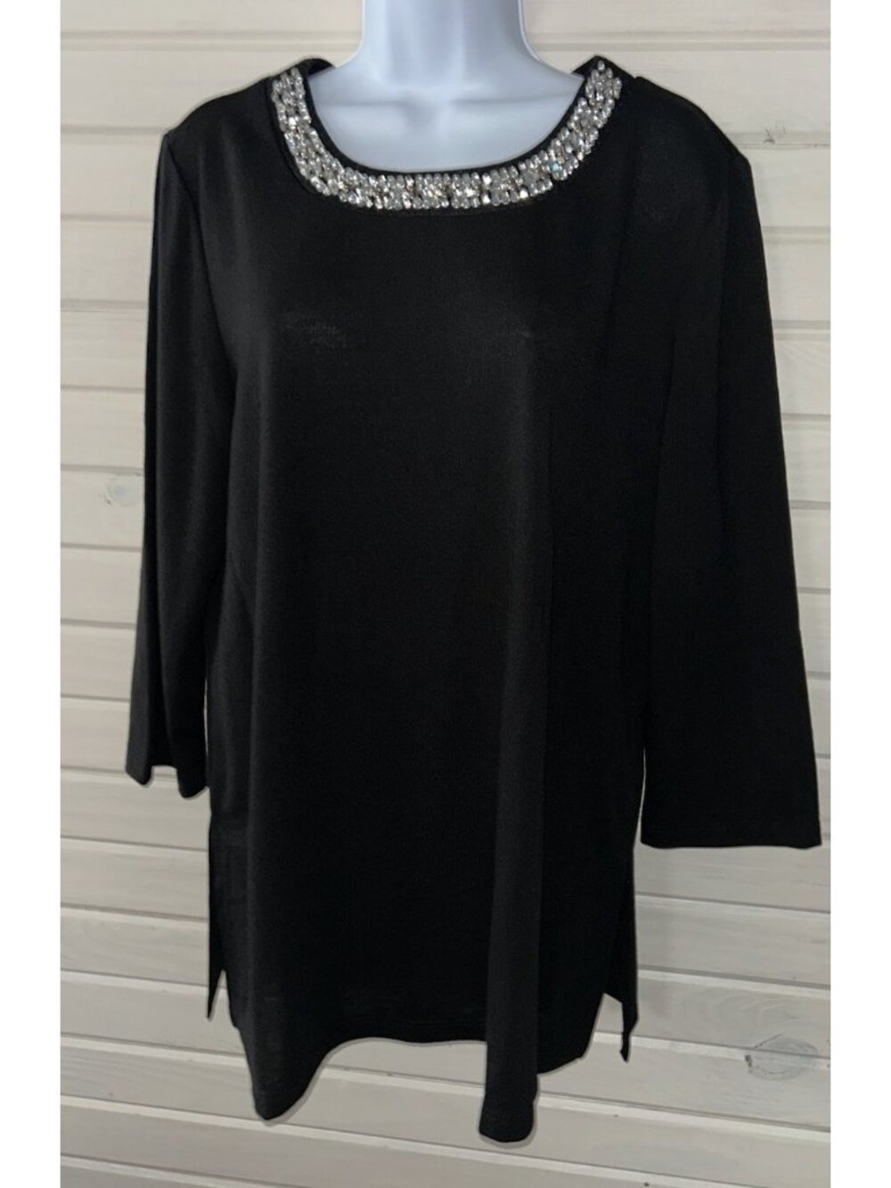 Slinky Brand Sz XL Black Knit Pullover Tunic Rhinestone Neck USA Made EUC